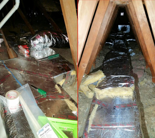 Left: The truck duct carries the conditioned air throughout the house. Right: Extra insulation for the trunk.