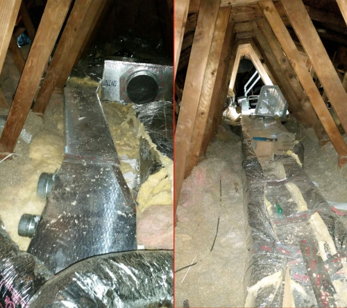 Left: two connectors for flexible round ducts. In the background is one of three return plenums. Right: a box fan provides little relief from the 100°+ heat in the attic.