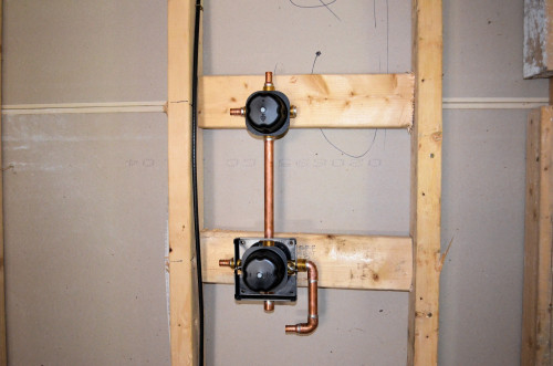 Shower controls: Temperature on the bottom, diverter above.