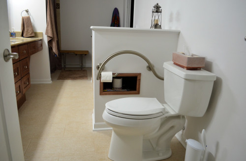 Toilet with curved grab bar and storage cubby.